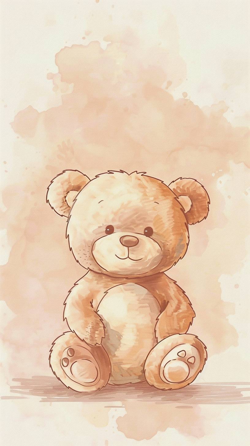 Pastel colored very tiny and cute teddy bear art piece, simplistic, hand drawn, solid colored background only, and towards the bottom center