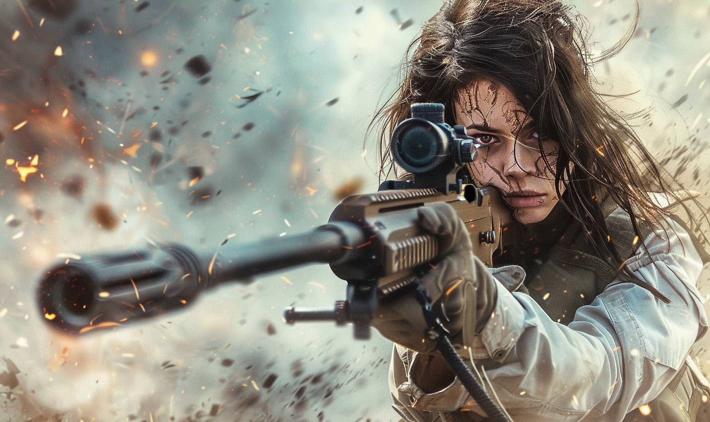 A brunette female character holding a sniper rifle wearing tactical gear, very detailed full body action shot, fine details, like a Michael Bay movie poster. High contrast, dynamic composition, with action pose, war-torn battlefield in the background, cinematic, hyper realistic, sharp focus, sharp details, high clarity