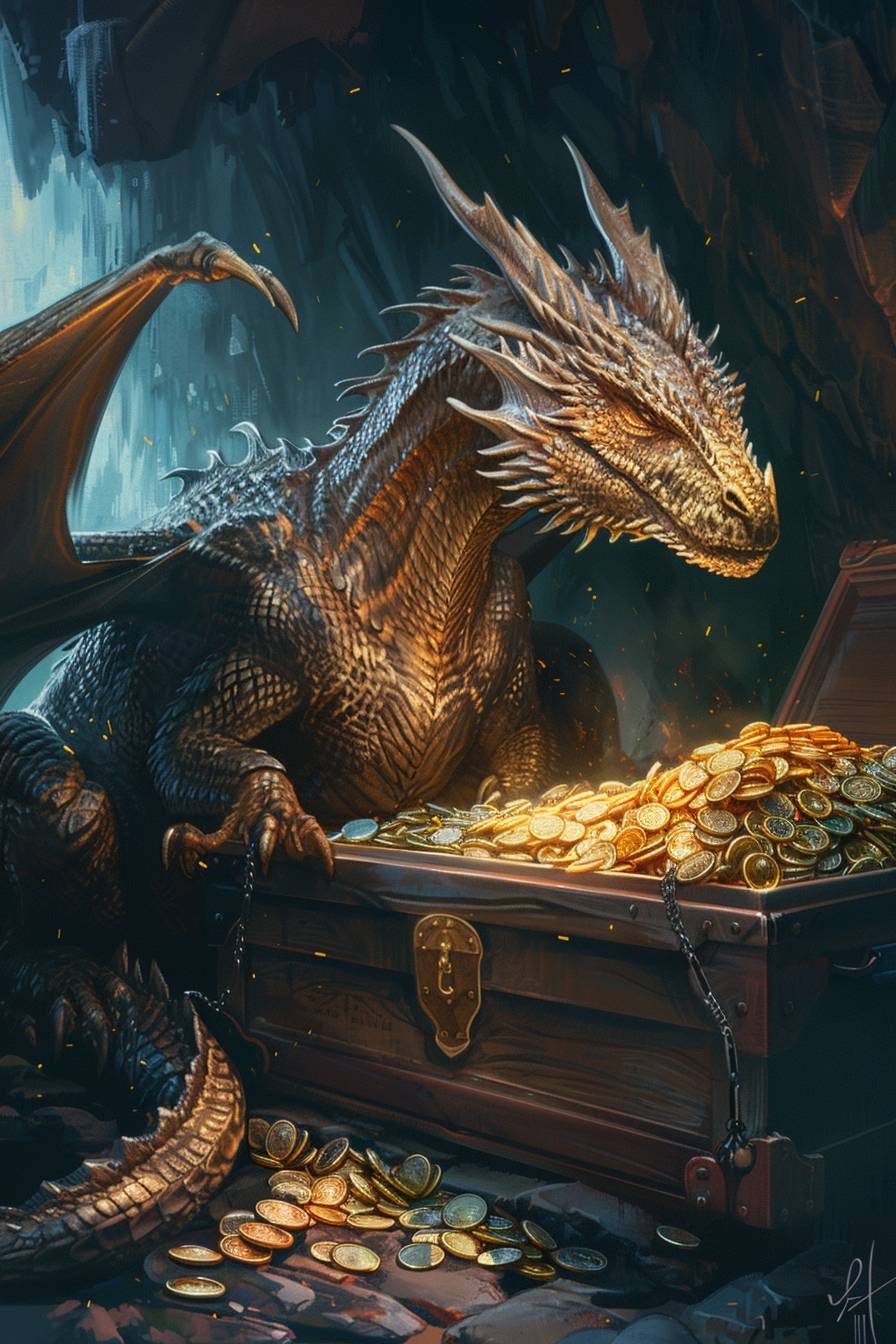 In the style of Makoto Shinkai, a mythical dragon guarding a treasure hoard