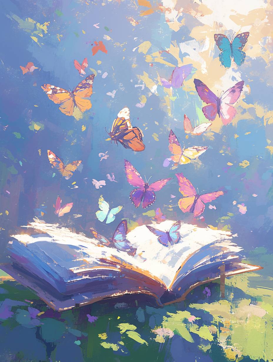 オープンブックからあらゆる色の蝶が飛び出し、優しい陽射し、低彩度の色、油絵、低彩度の色、ホログラフィックホワイト、夢見るような、細部に豊か