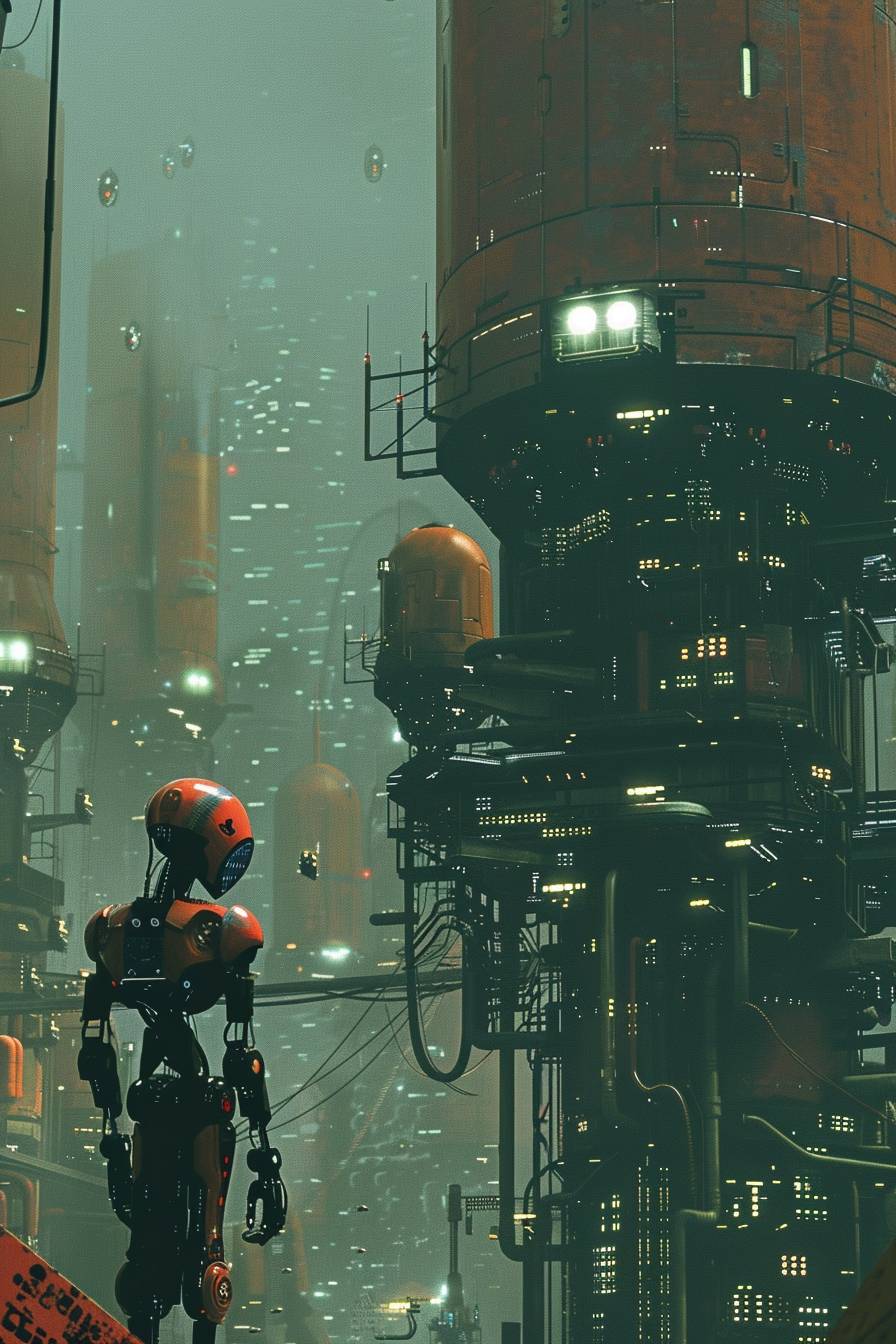 In the style of Dan McPharlin, a cybernetic metropolis bustling with androids --ar 2:3 --v 6.0