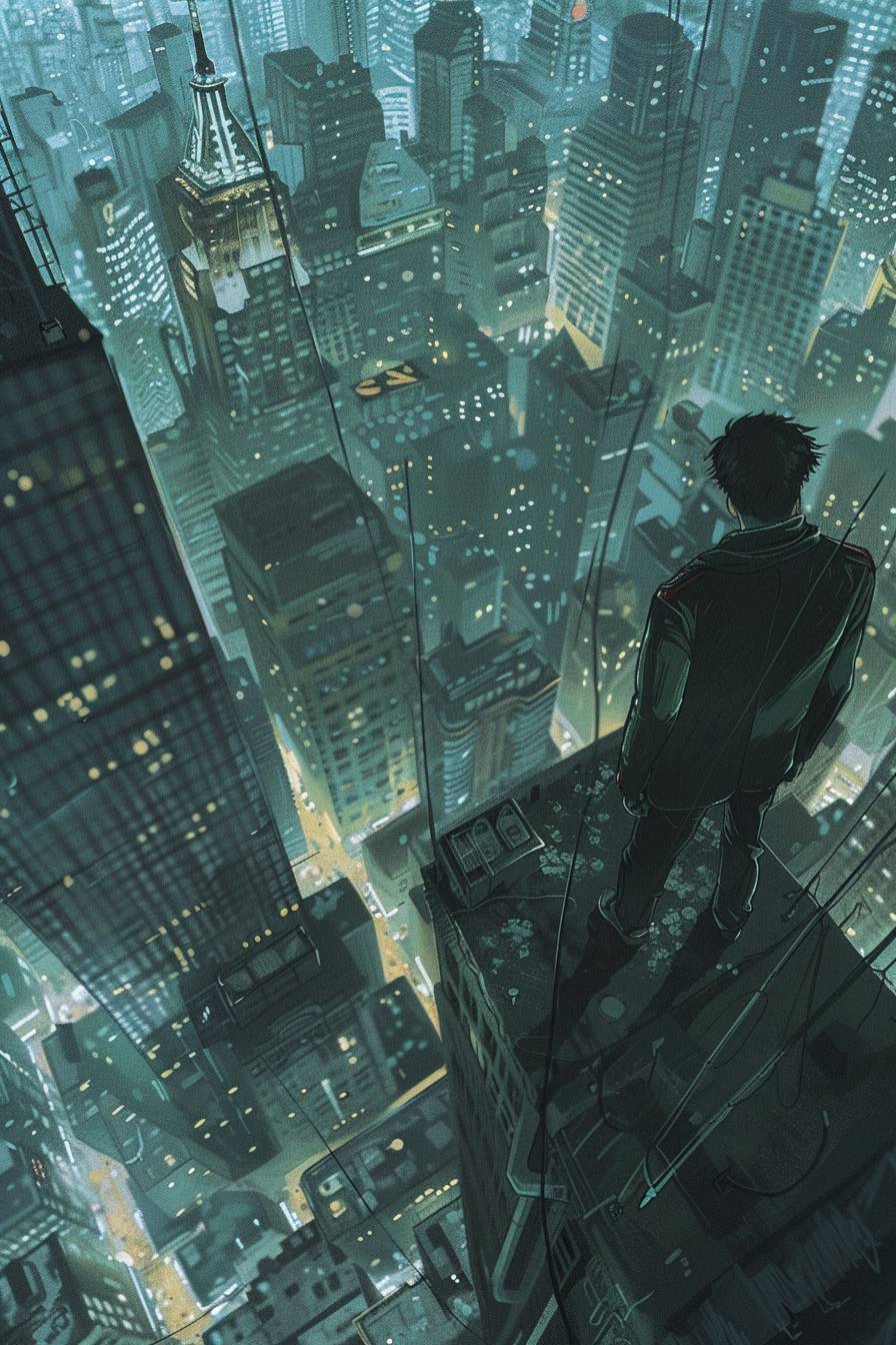 高いビルの上で都市を見下ろす男性のイラスト、めまい