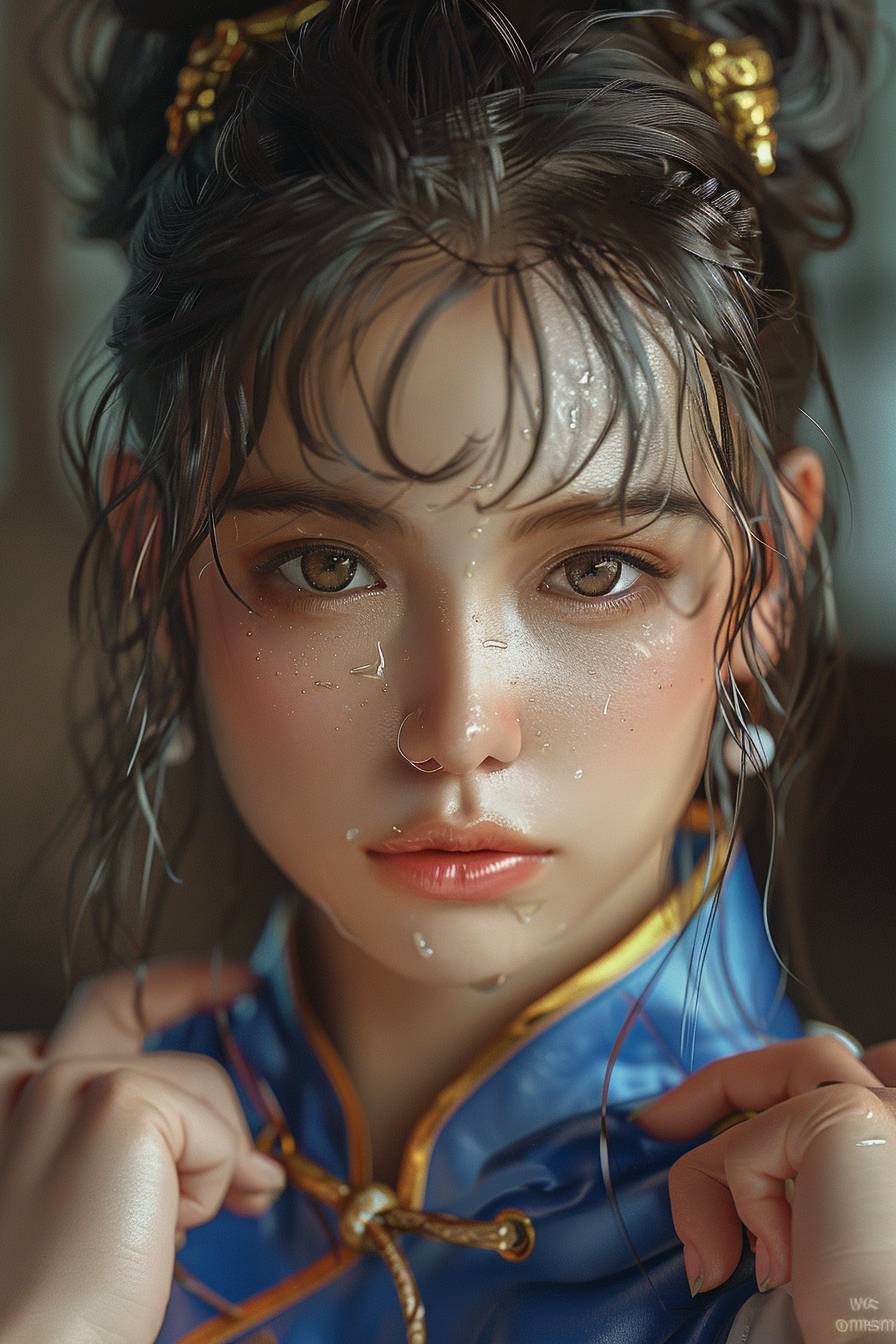 Street Fighter Chun Li, aesthetic style, hyperrealistic, hyperrealism, surrealism, gloss and shading, renderings, 32k, ultra high definition, aspect ratio 2:3, frame rate 6.0, size 250