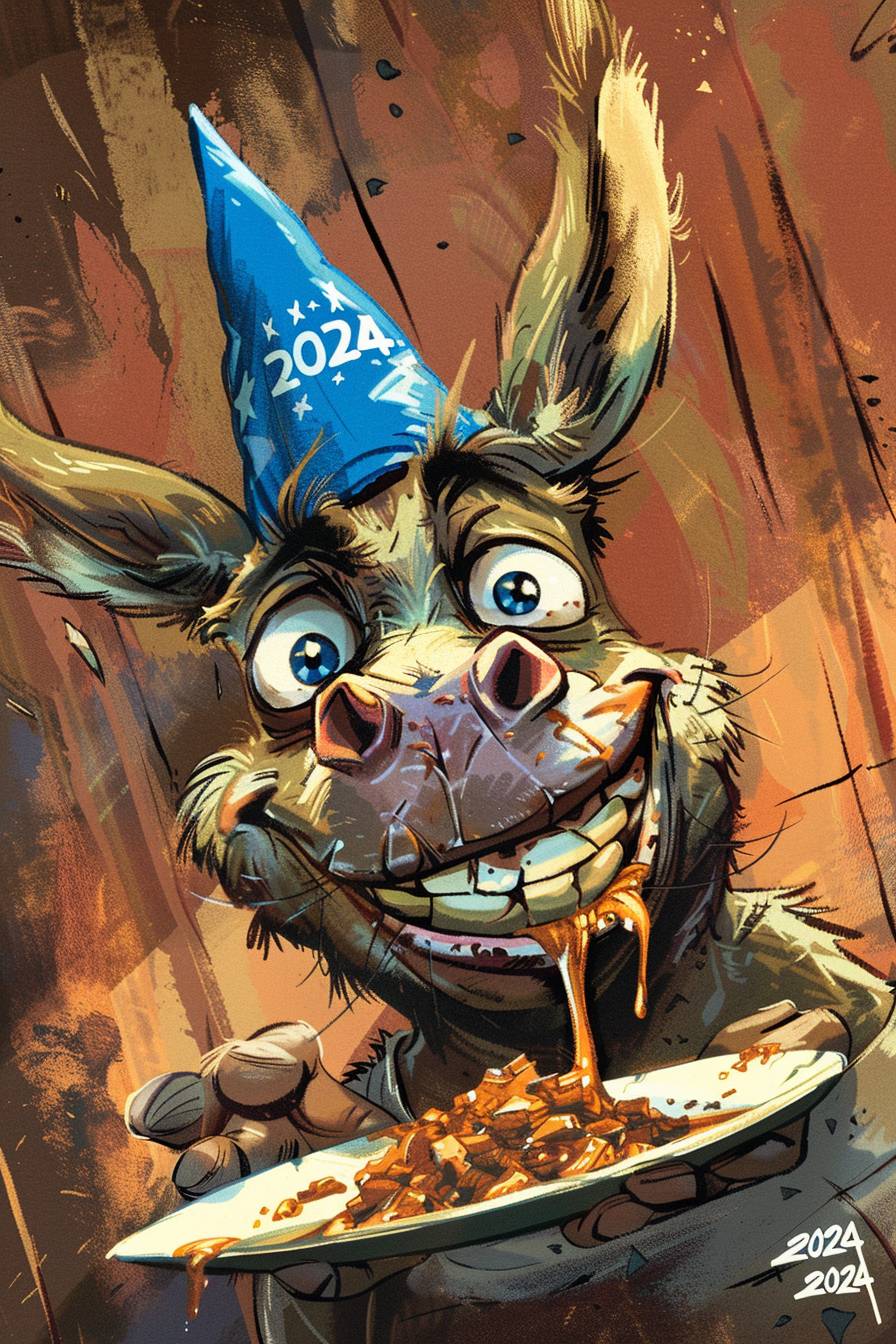 Draw a political satire cartoon with the following elements: A close-up, fisheye view featuring a personified donkey with a flattering smile. The donkey is vigorously presenting a plate of rotten, spoiled food. The rotten food should be prominently displayed in the foreground, taking up more than half of the frame. The donkey is wearing a blue hat with the text '2024' on it. Ensure the rotten food and the donkey's expression are the central focus of the image.