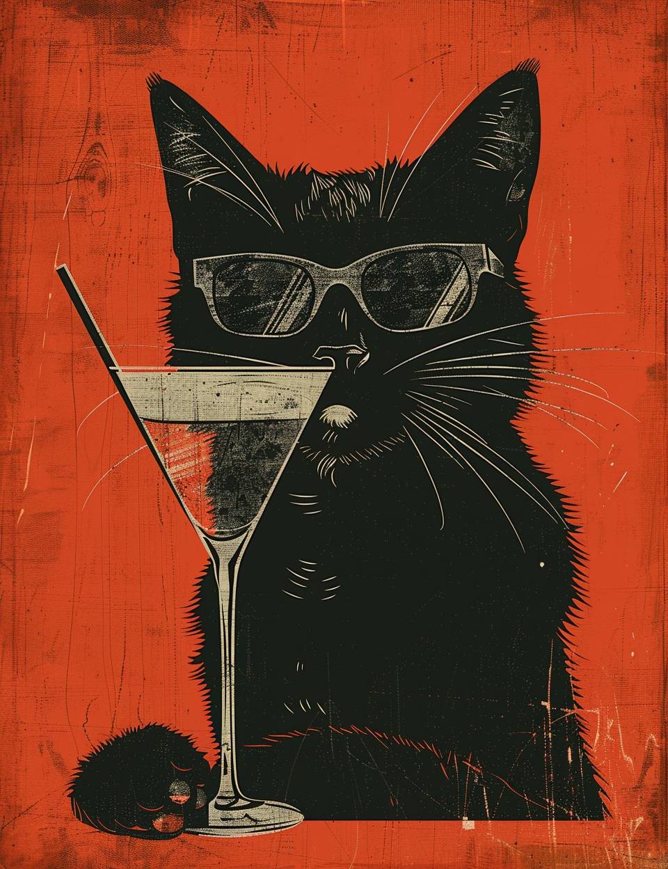 A black cat with sunglasses drinking from a martini glass, in the style of minimalist graphic designer, 1970–present, mallgoth, twisted characters, atomic mid century background, post-internet art