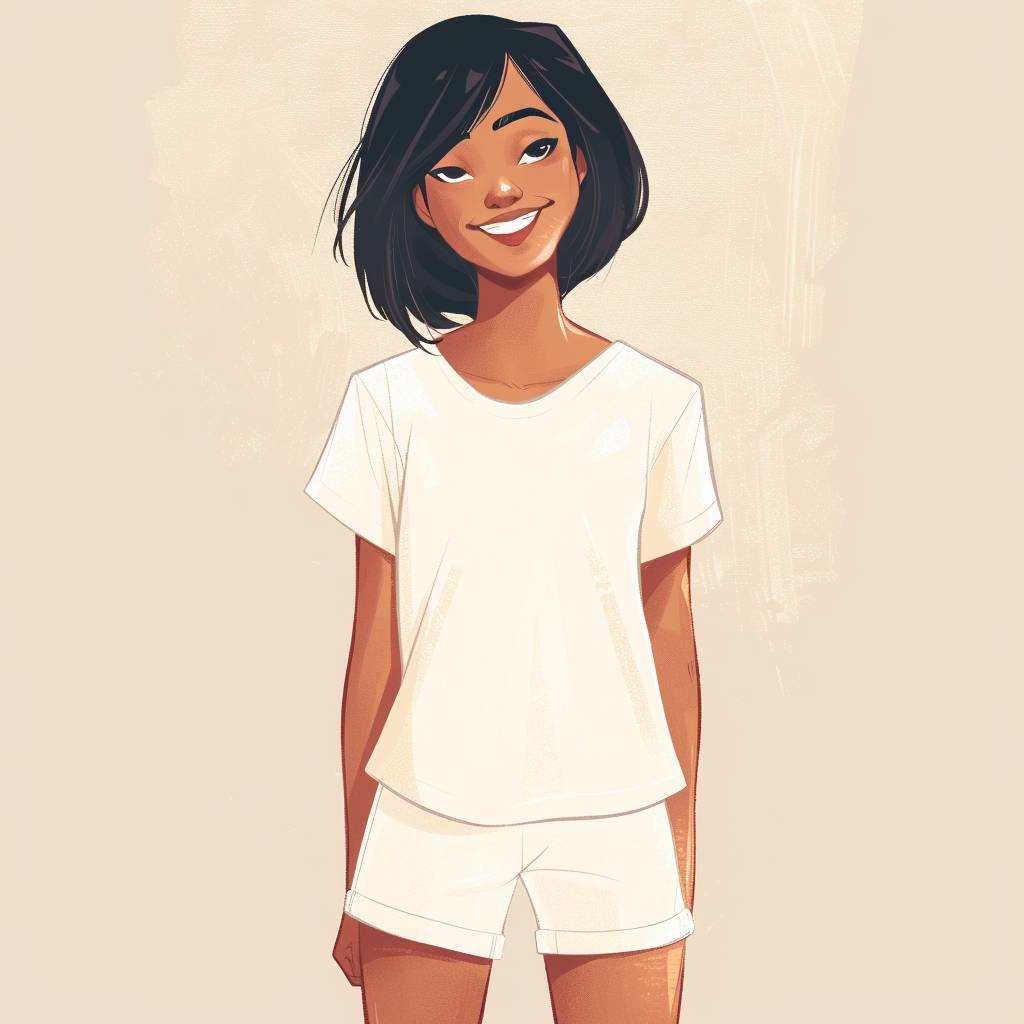 An illustration of a woman with black, calm bob haircut, smiling brightly, wearing a white t-shirt and shorts, against a plain background. The background is a light pastel color, with subtle shading to highlight the figure. Created Using: digital illustration, clean lines, smooth shading, flat colors, minimalist design, vibrant color palette, comic book style, hd quality, natural look