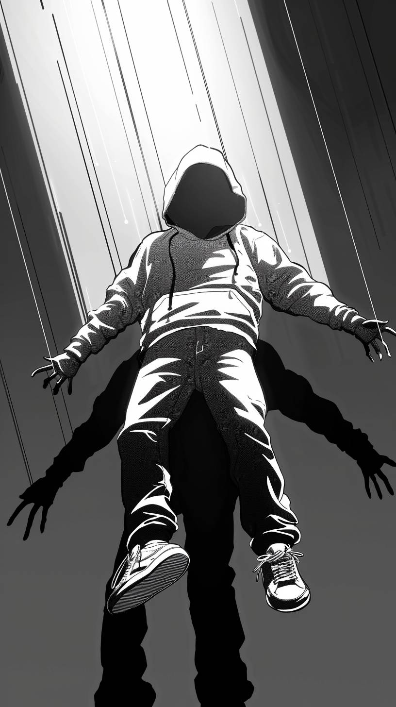 A man wearing a hoodie is floating in the air, pierced by 5 laser beams, in black and white tones, Bruce Timm cartoon animation style, high contrast
