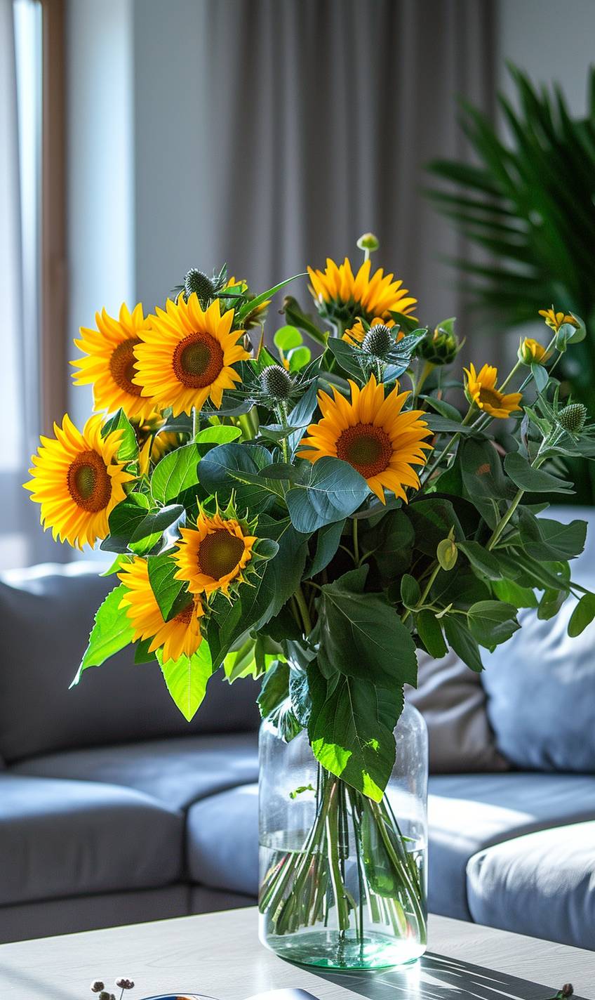 美しい静物アレンジメントを特徴とする向日葵の花束がテーブルにある花瓶に収められた現代のアパートメントで撮影された、高品質のカメラで撮影された写真。