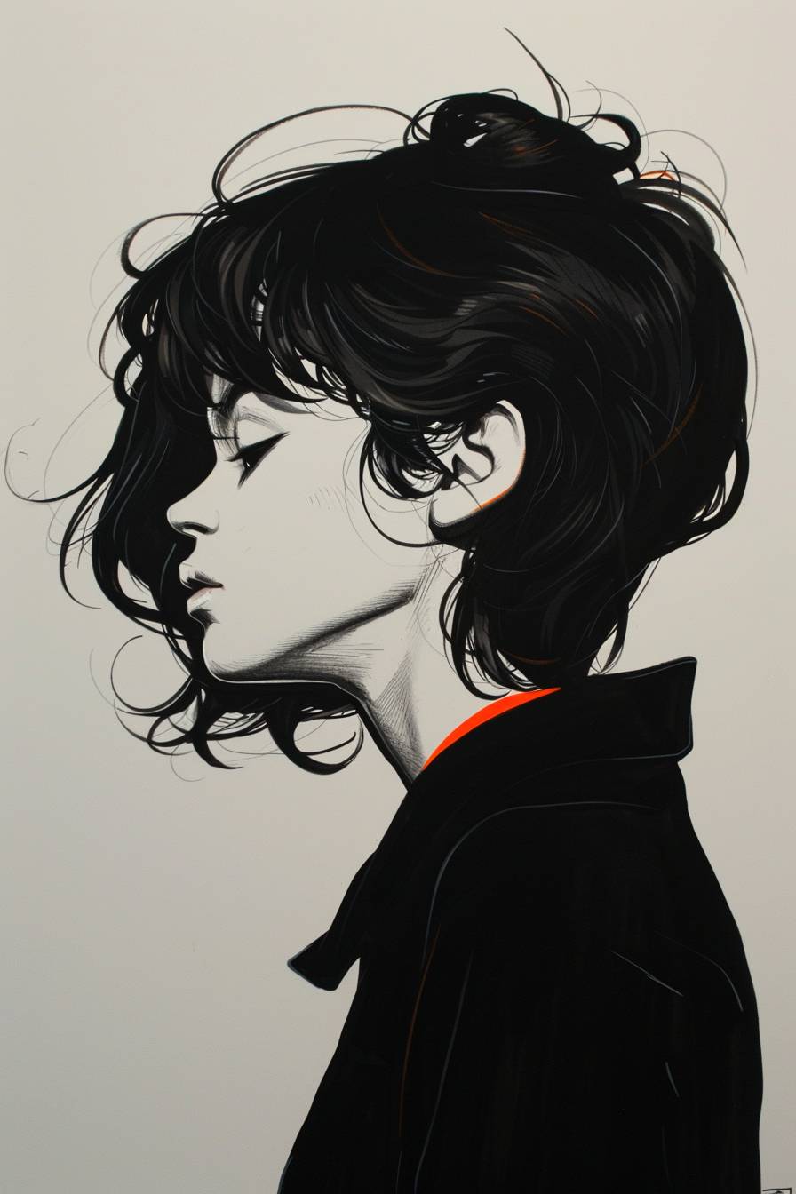 Character in the style of Ilya Kuvshinov, ink art, side view