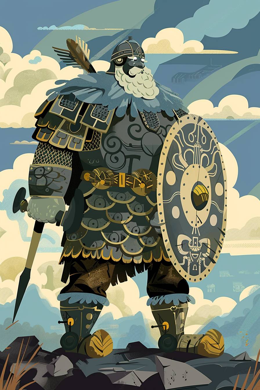 In the style of Charles Addams, warrior character, full body, flat color illustration