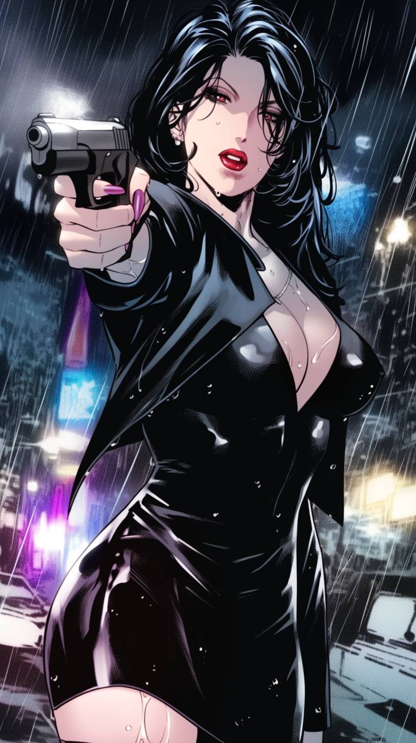 Femme fatale with red lips holding a gun under the rain in Frank Miller's Sin City style, black and white comic-noir aesthetics, film noir atmosphere, high contrast, duotone, shiny eyes, captivating gaze, foreshortening techniques, sharp angles