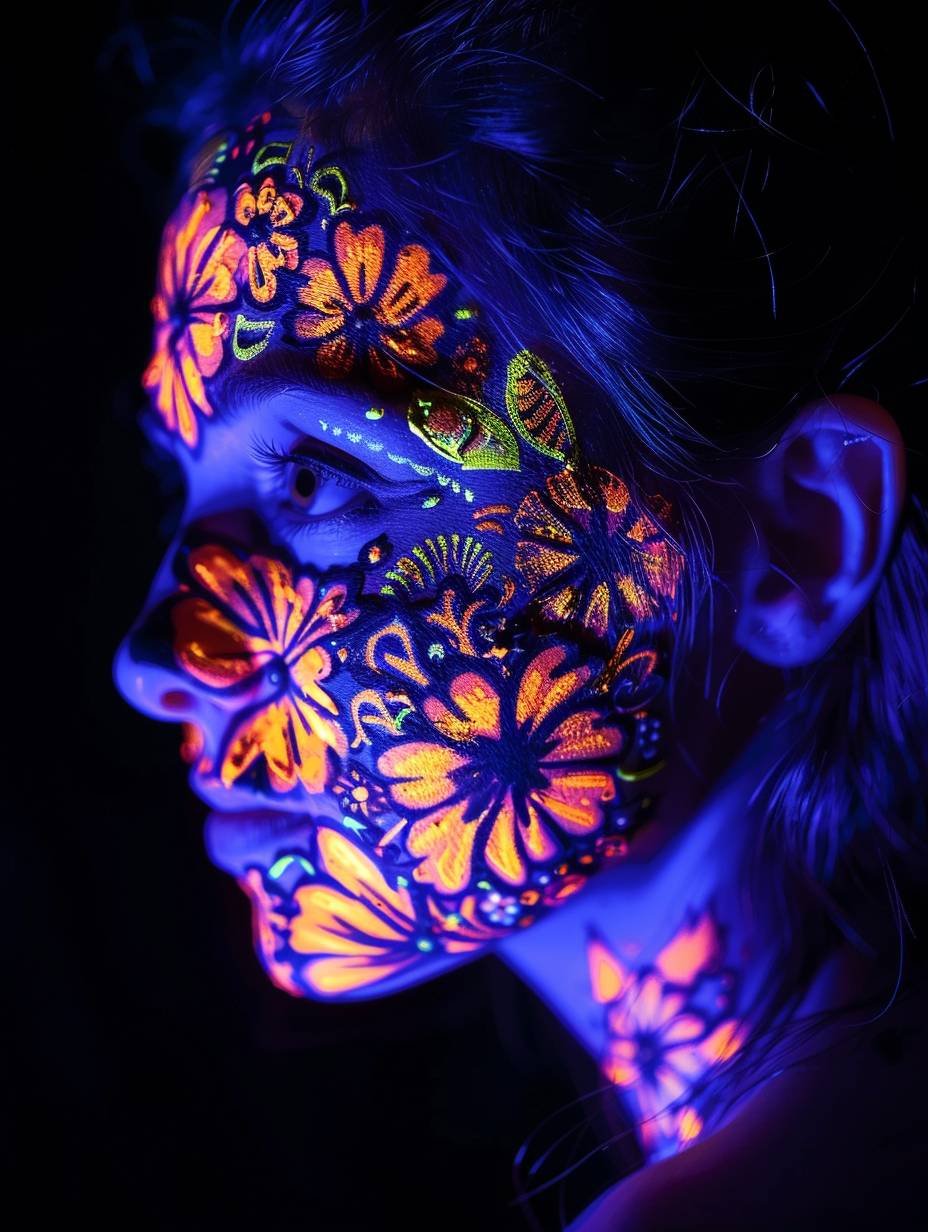 Black light photography of glowing neon flowers painted on the face and body in the style of tribal design, featuring a girl with neon glowing flowers on her face and body