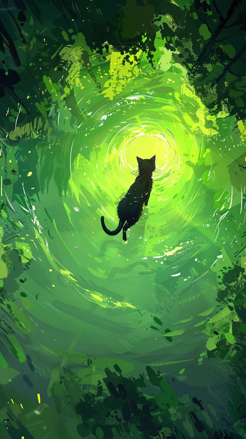 アテイ・ガイランとジェームズ・ジーンのスタイルで、無限の緑色のプールの中心に浮かぶ黒猫。