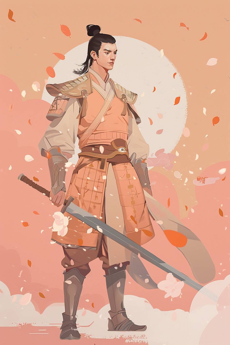 In style of Hsiao Ron Cheng, warrior character, full body, flat color illustration
