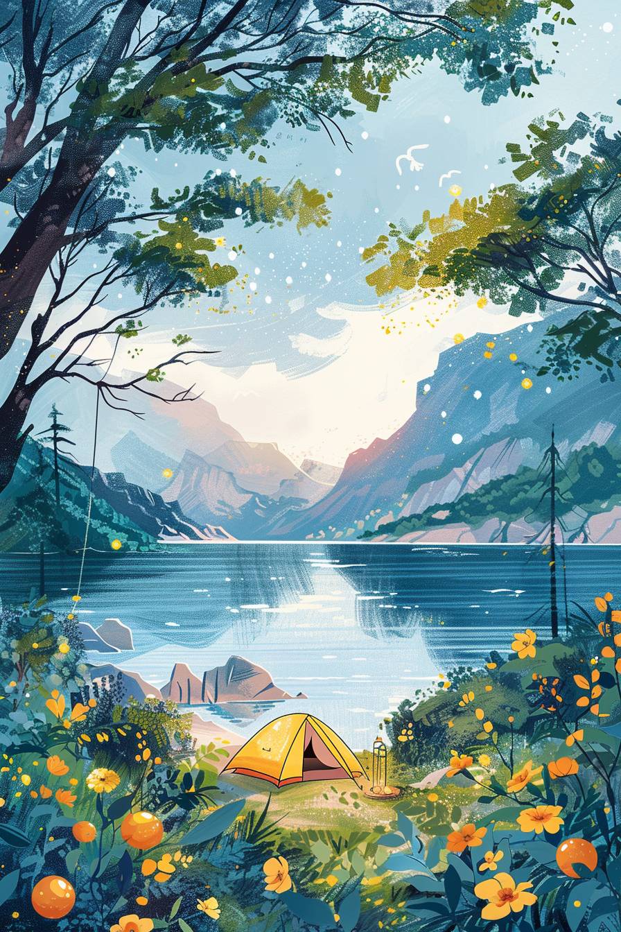 丘の上のキャンプ、ジャスミン、オレンジジュース、ランタンフルーツ、賑やか、湖畔、日差し、子供の絵画スタイル