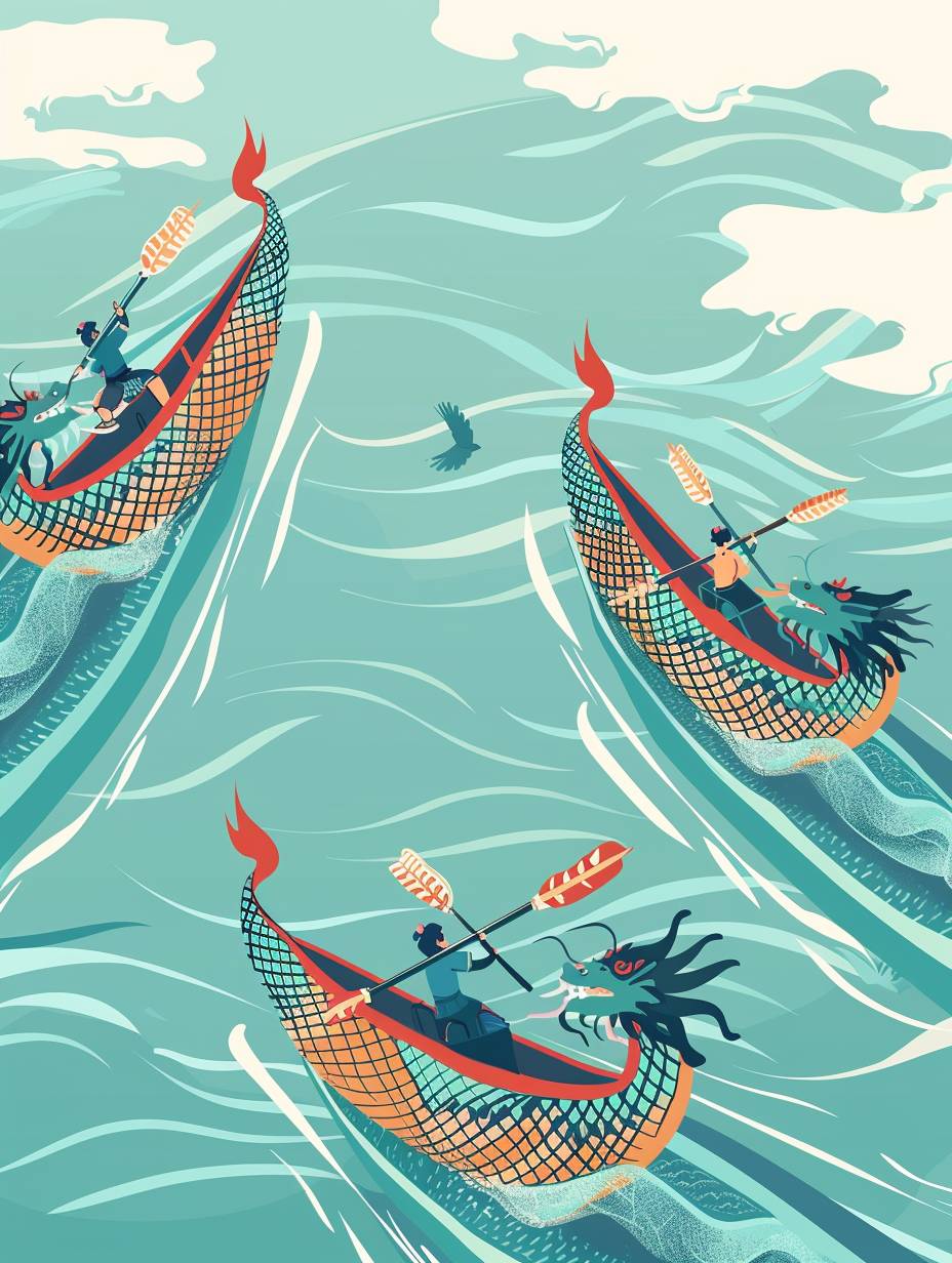 The Dragon Boat race is in the middle, the water ripples to both sides, spring colors, green tones, flat illustration with a bird's-eye view, minimalist style, graphic poster design, flat, no C4D, flat illustration, 8K