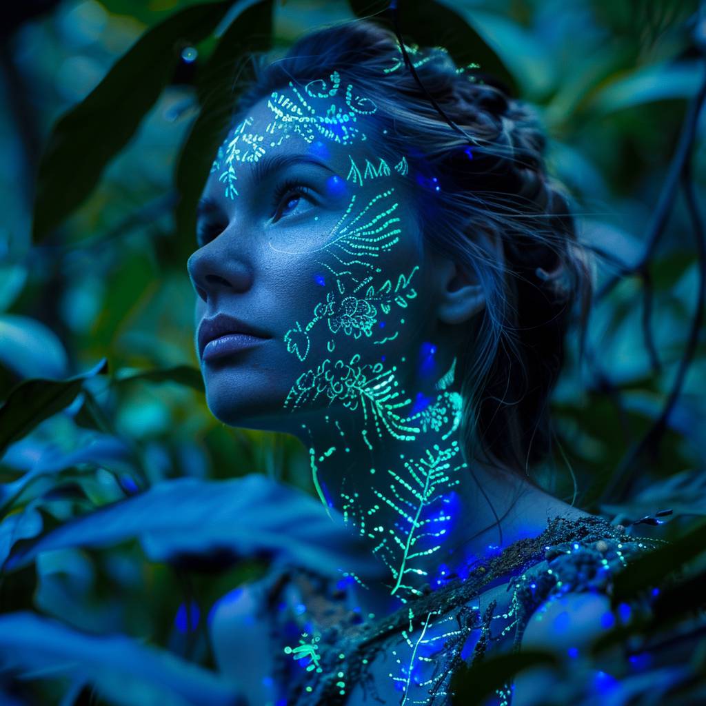 Portrait of a serene woman in a mystical forest at blue hour, surrounded by lush, vibrant green foliage, with intricate patterns of bioluminescent plants like Mycena chlorophos mushrooms and Dinoflagellate algae etched onto her skin, ethereal blue glow on her, contemplative and peaceful expression, harmonious connection between humanity and nature, enchantment and otherworldly beauty atmosphere, sharp focus on the woman and a blurred background.