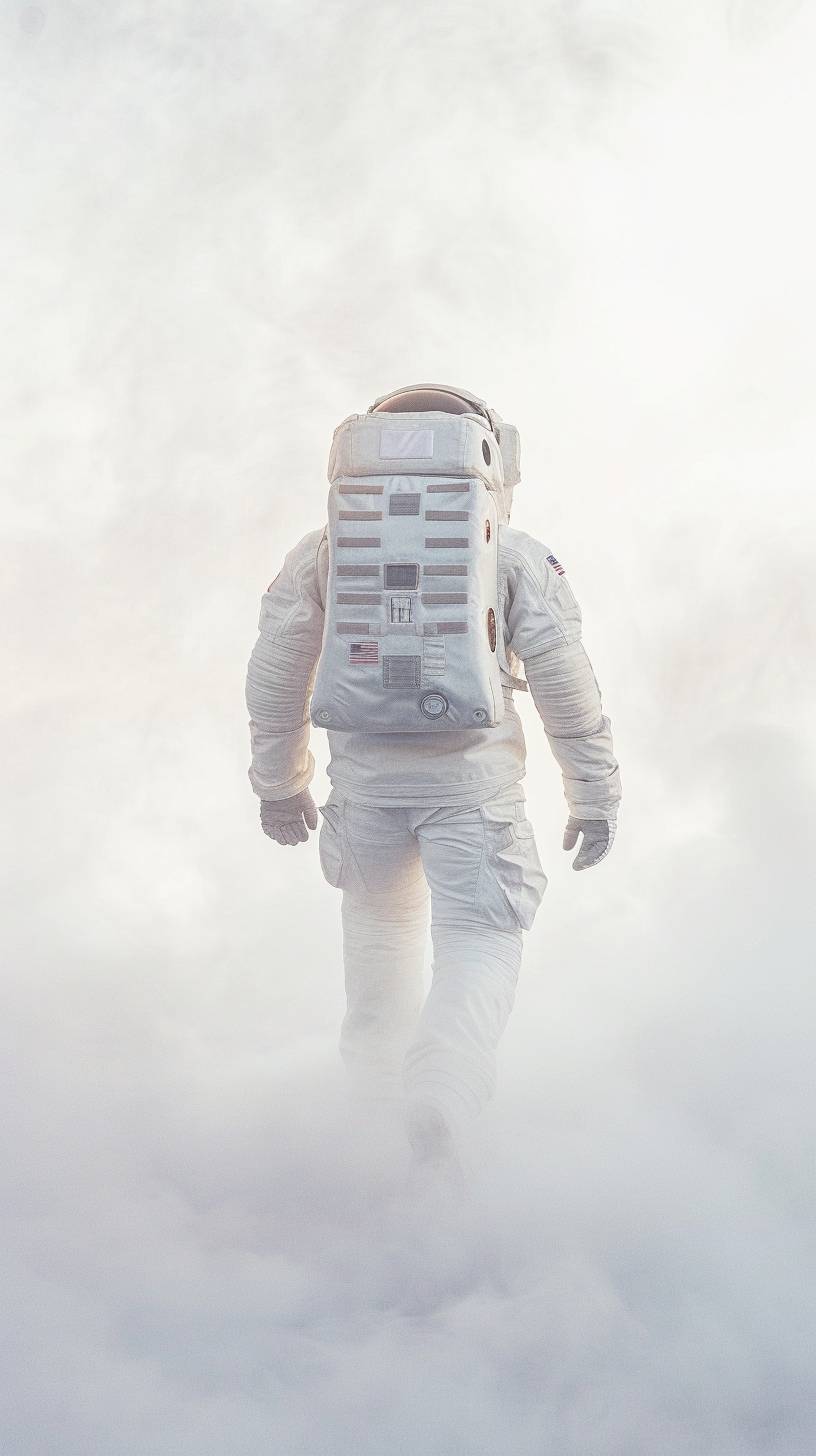 宇宙船の背後に宇宙服を着た宇宙飛行士が霧の中を歩いている。淡い青と淡い琥珀色、超現実的なファッション写真、写真のインスタレーション、薄白と金色、ミニマリストな静物、印象的なパノラマ