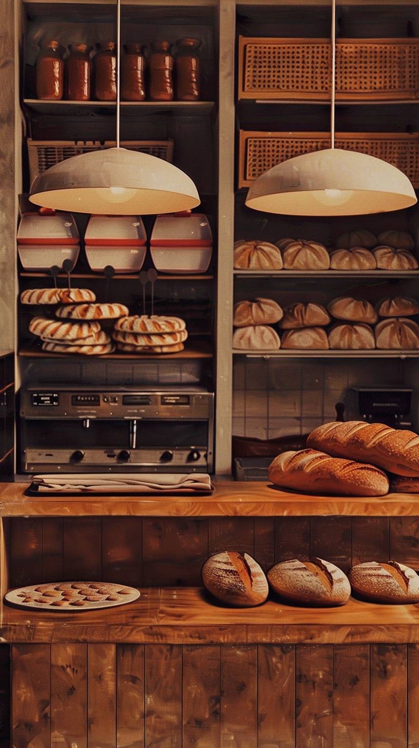 A charming, old-fashioned bakery, filled with the aroma of freshly baked bread and pastries, with warm lighting and rustic decor.