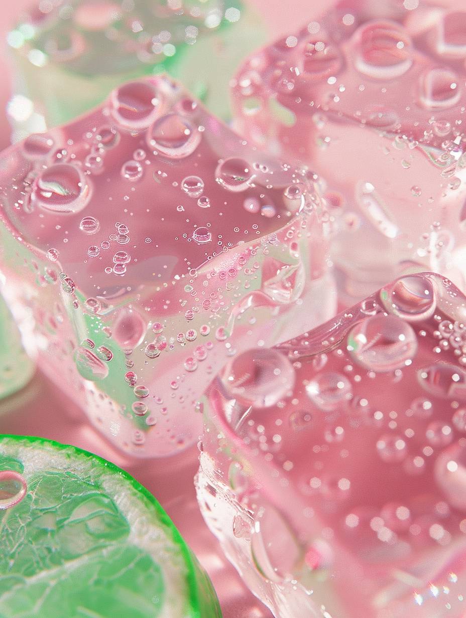 A closeup of gummy bear ice cubes in pink and green colors, lime slice, glistening with water droplets and creating an artistic pattern. The background has soft pastel hues, providing a serene ambiance for the candy-themed wallpaper. High resolution, high quality.