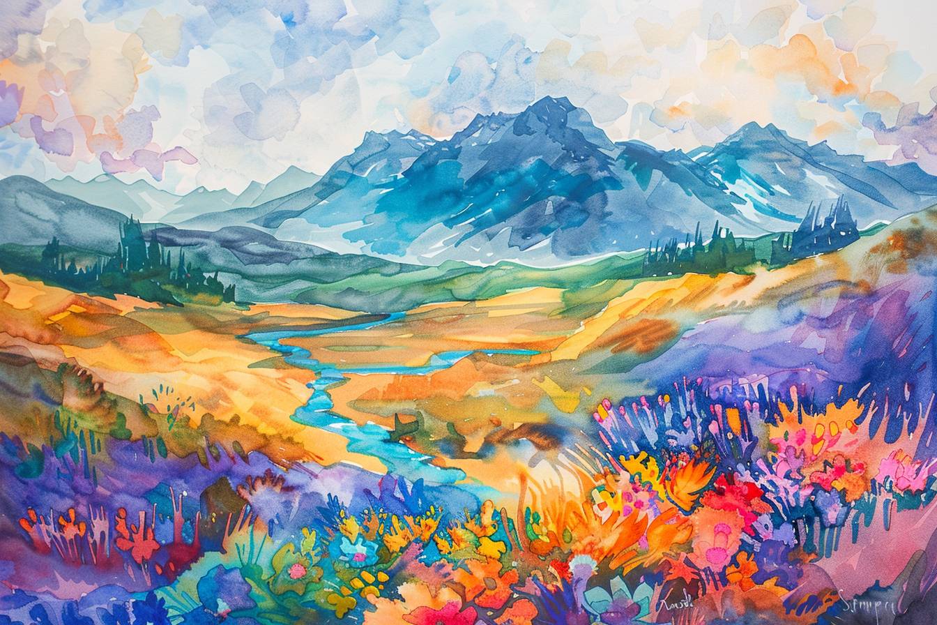 A colourful aquarell painting showing mountains, rivers, flowers, fields, trees in popping colours