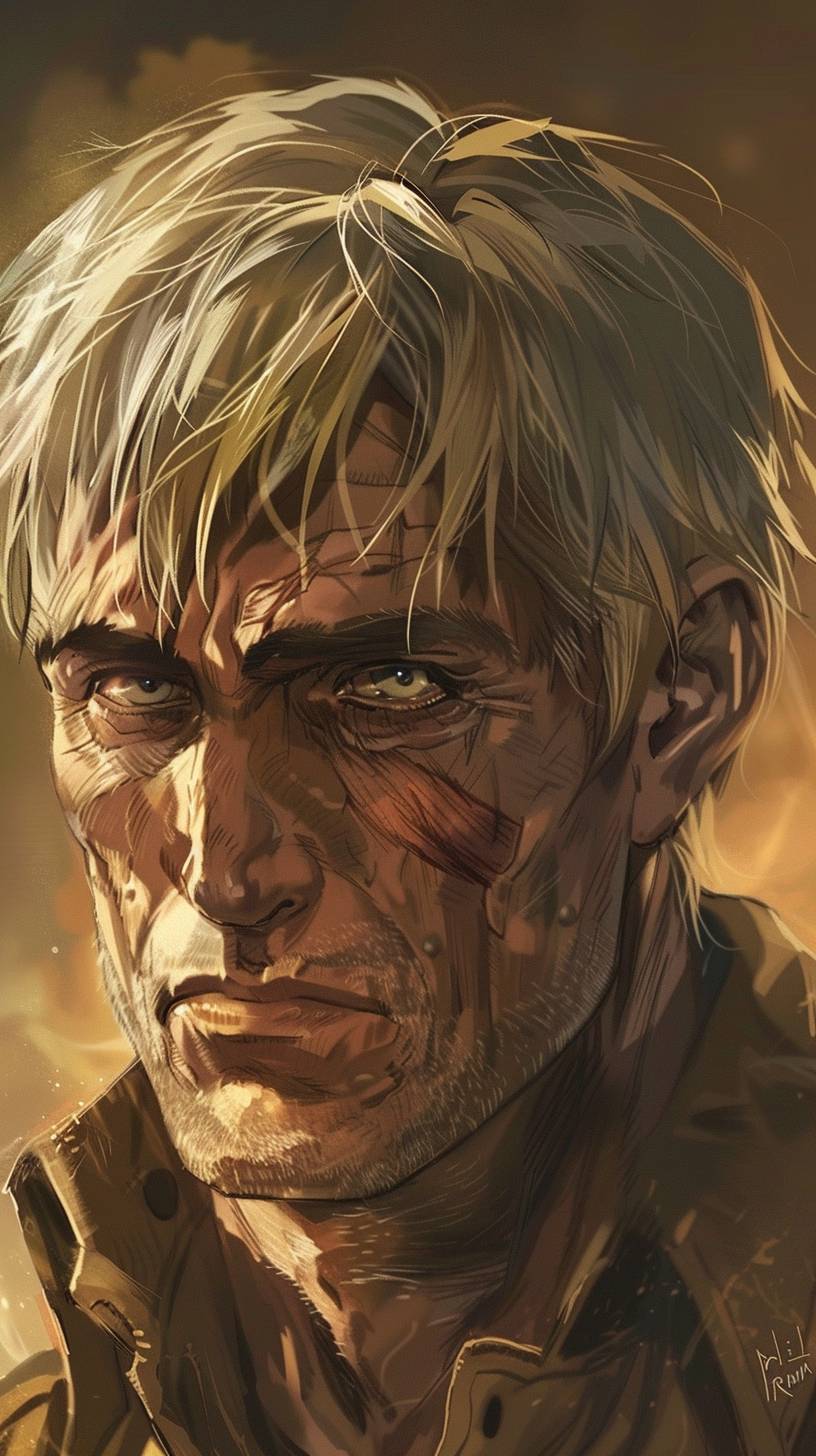 Create a detailed portrait of Armin Arlert from 'Attack on Titan', aged 70 years old. He should have a hairstyle that mirrors the provided image: short blonde hair with a slight tousled look, parted slightly to one side, and with strands falling naturally over his forehead. Armin should have slightly thicker, more prominent eyebrows. His face should display the signs of aging, with visible wrinkles and grey streaks in his hair, but maintain a kind and gentle expression. The background should include elements that hint at his strategic mind, like a map or books, in a warm, study-like setting. His eyes should still reflect his intelligence and kindness.