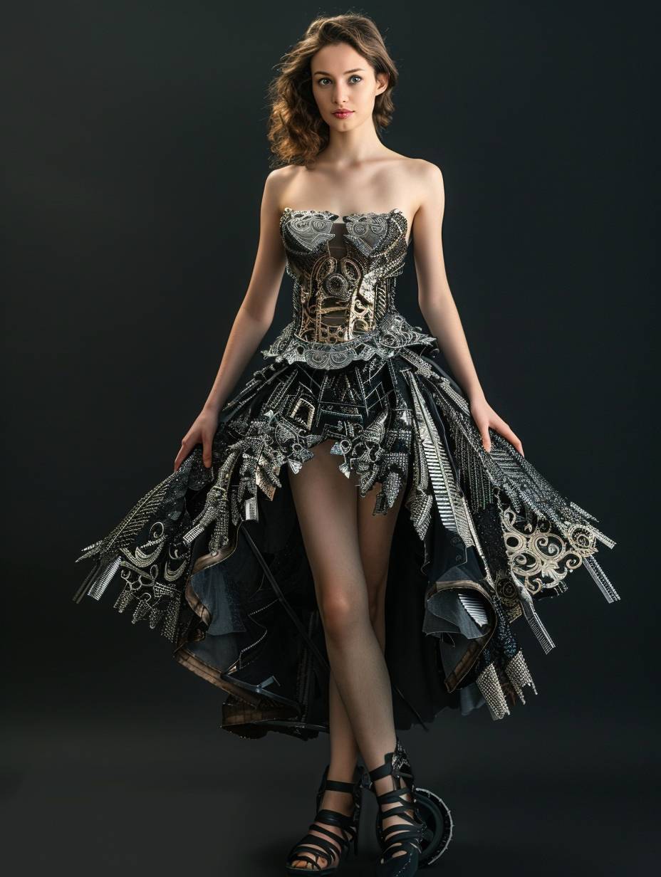 A young, stunning woman wearing a dress made of intricate Metal Matrix Composites