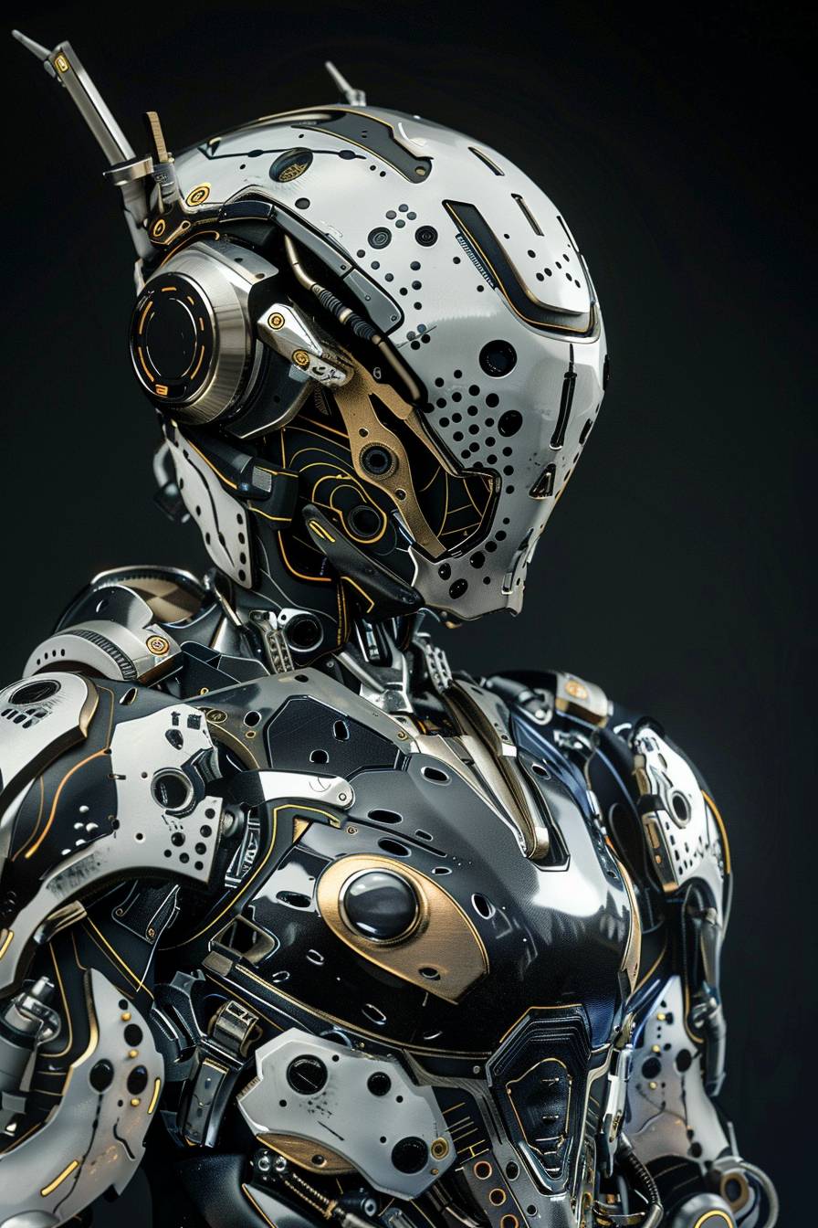 Portrait of a battle-hardened robot warrior with [COLOR] and black reflective armor, standing against a plain black background, intricate details and advanced technology.