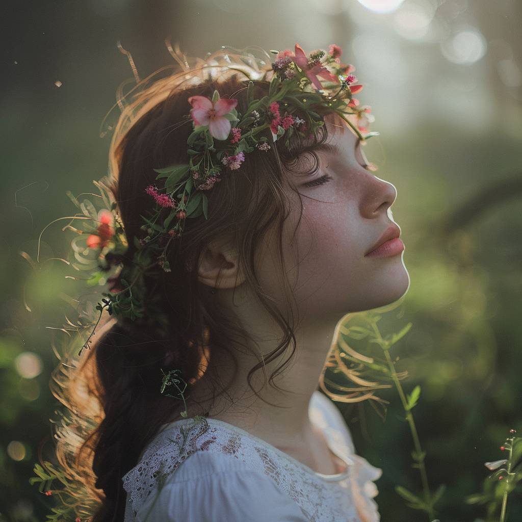 ポートレート写真、花を頭につけたティーンエイジャーの少女、森の小径で、早朝の魔法のような光を受けて、クローズアップの角度から、夢のような雰囲気、朝霧が立ち込め、柔らかな光と色、幽玄な雰囲気。