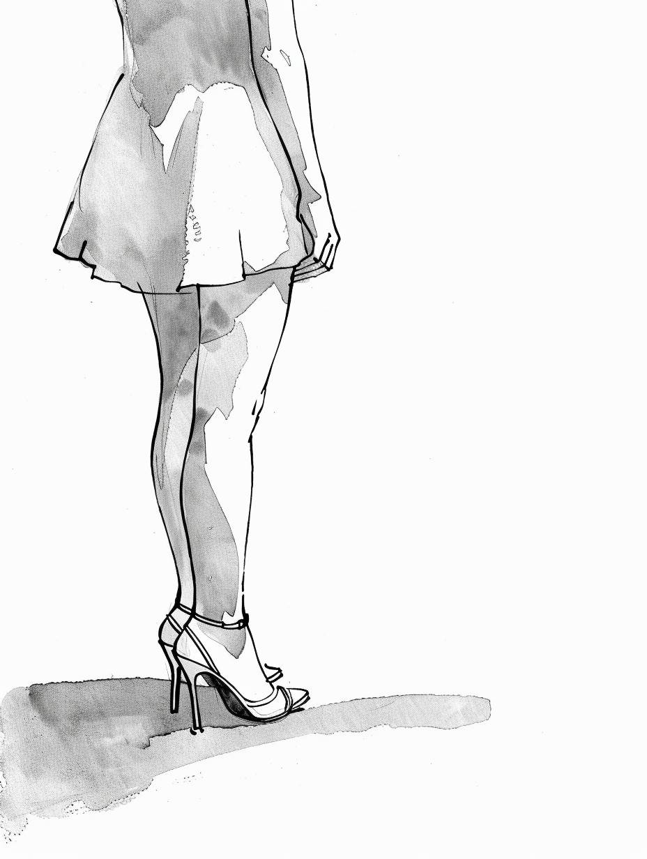 2D outline, watercolor simple coloring page without grayscale, the image is: female figure year 1990, heels, without shadow dithering gradient, without small details.