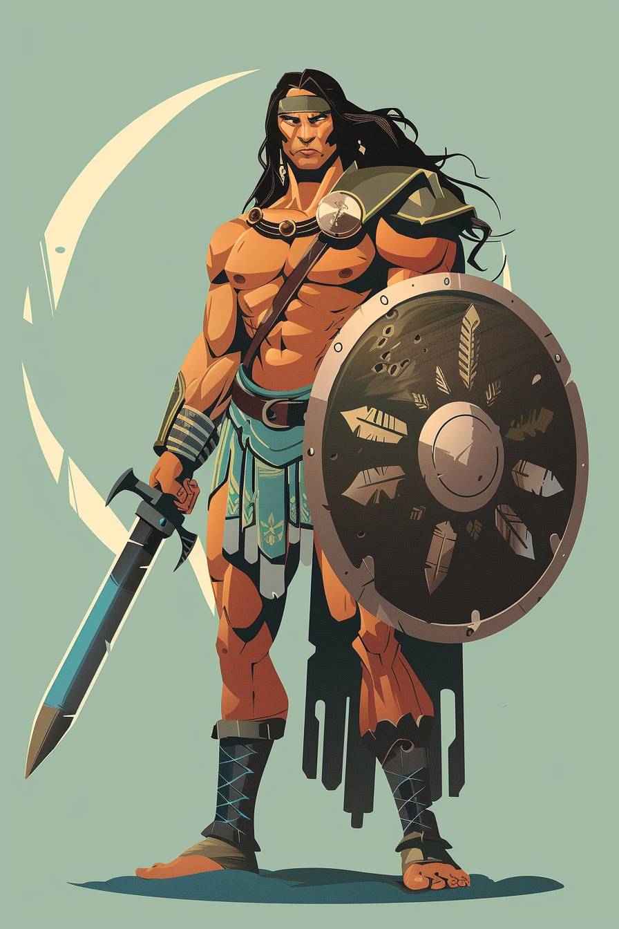 In the style of David LaChapelle, warrior character, full body, flat color illustration