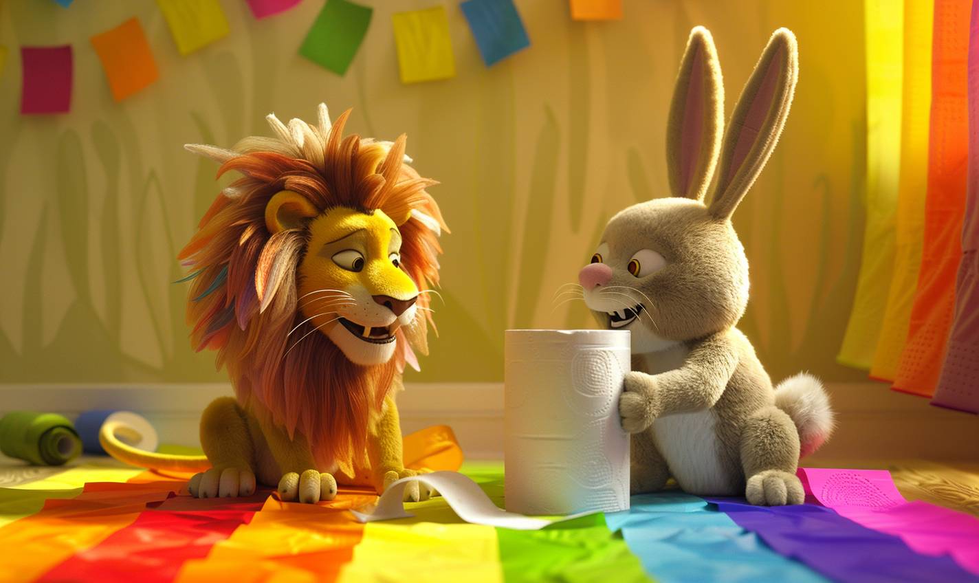 The lion and the bunny plushies are playfully messing around with rainbow colored toilet paper!