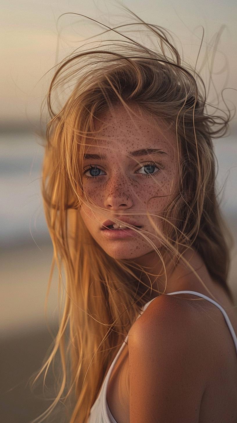 Blond tall and slim girl with freckles and blue eyes, with long hair floating in the air and passing in front of the face, with some lock of hair hiding her face. She is standing near the sea at evening summer at sunset with a pastel atmosphere, wearing a white tank top without jewelry. --ar 9:16 --ar 9:16 --style raw  --v 6.0