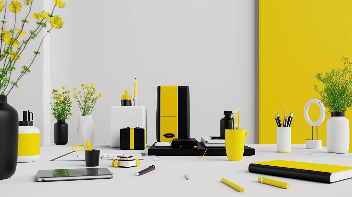 Minimalist illustration, 3D vector design, canary yellow and black and white, sample collection of gift items and gift packs, and also small giftable promotional items with minimalistic logos, all arranged on an office desk, with simple green flowers around --aspect ratio 16:9, version 6.0