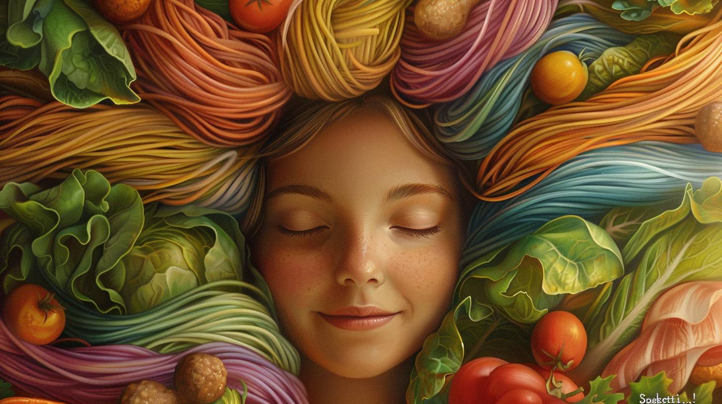 Vector Art. Closeup View. Happy woman smiles big. Her hair is composed of spaghetti-and-large meatballs. She says 'Spaghetti...!', Spaghetti and large meatballs everywhere. Gourmet.