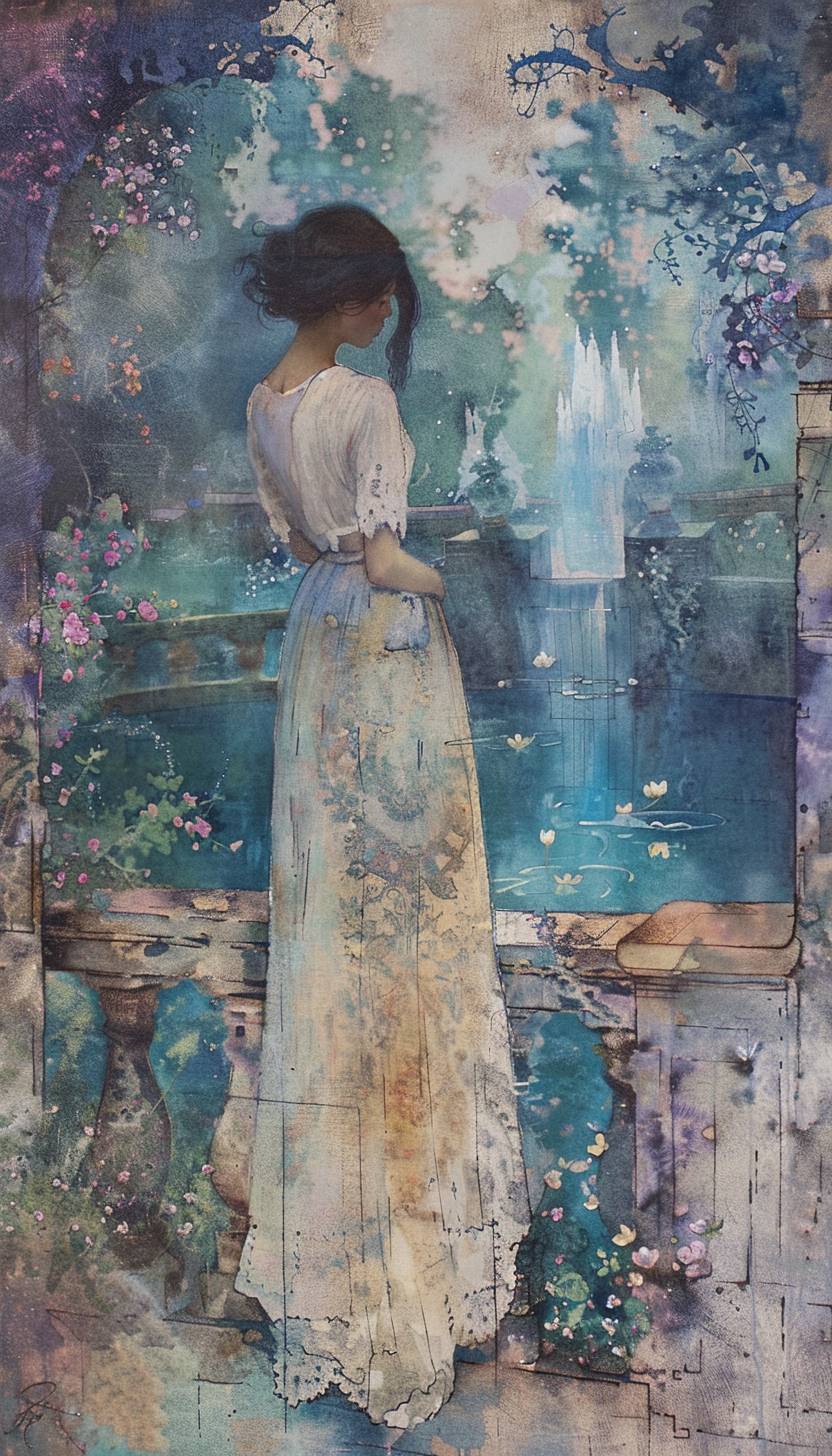 In the style of William Russell Flint, a mystical garden blossoming with enchantment --ar 4:7 --v 6.0