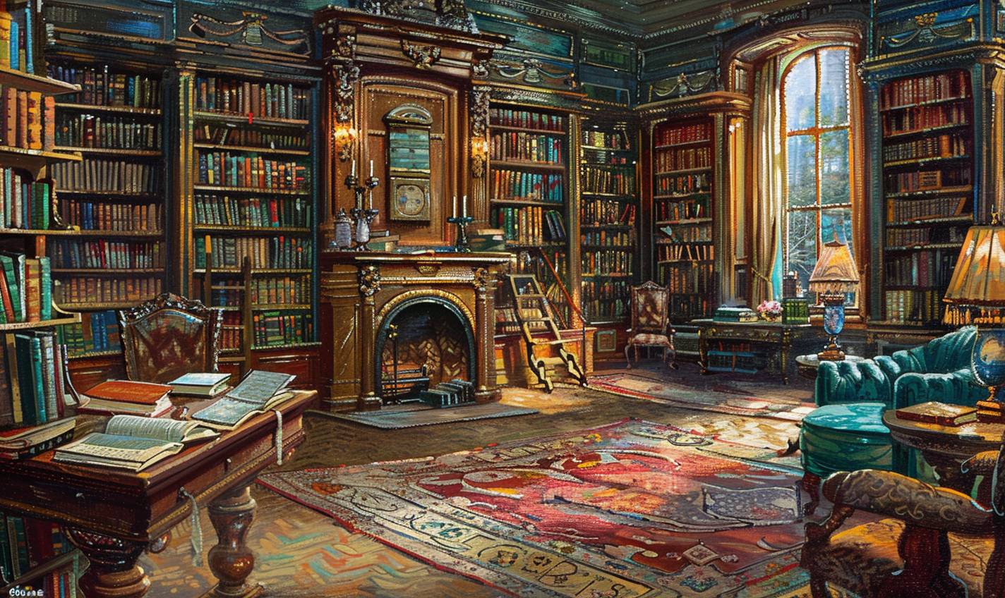 In the style of E.H. Shepard, a timeless library with endless shelves of books --ar 5:3 --v 6.0