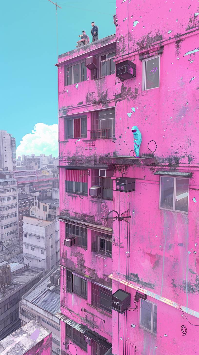 スラム街のビルの窓で起きているランダムな奇妙な出来事の写真、街全体がパステルピンクです。