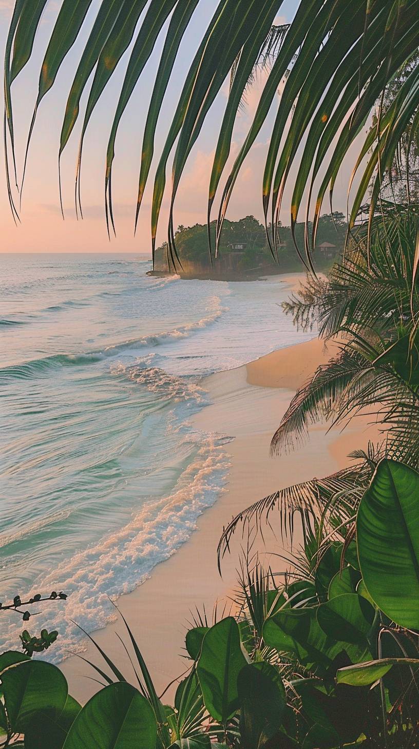 A photograph of a paradise island at dawn, with a sandy beach and an azure ocean. The scene is imbued with a sense of bliss, tranquility, and wild, pristine beauty. The first light of the day casts a golden hue over the beach, with gentle waves creating a soothing rhythm. Palm trees and tropical plants frame the view, and the sky is a blend of soft pinks and oranges. The overall atmosphere is calm and enchanting. Created Using: Nikon D850, golden hour photography, natural light, soft focus, wide-angle lens, pastel colors, HDR, beach landscape.
