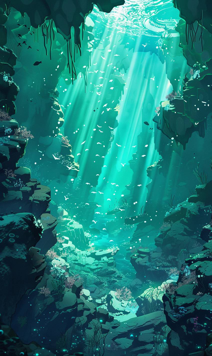 In the style of Atey Ghailan, an underwater cavern with magical merfolk