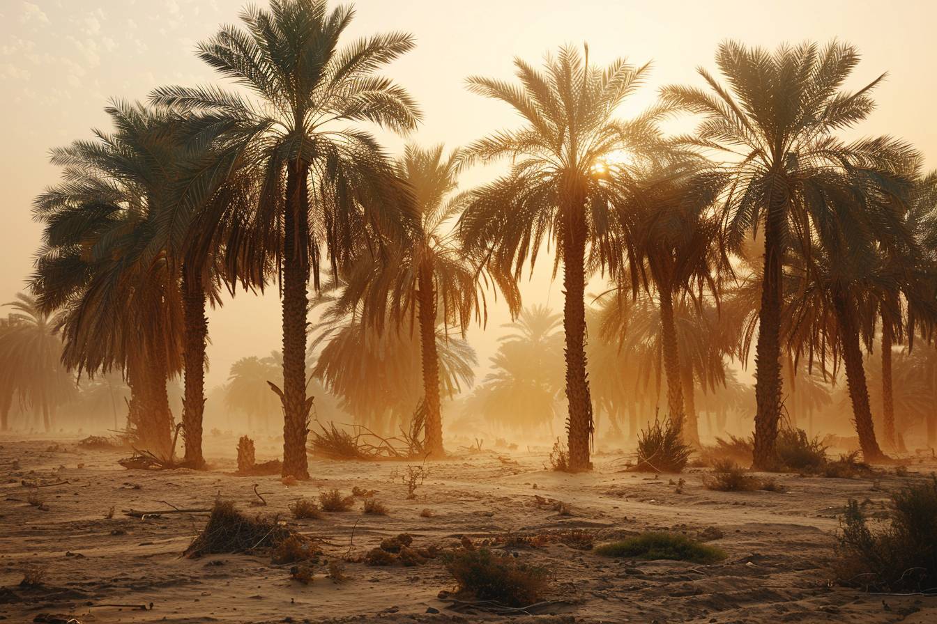 A hazy, shimmering oasis, where palm trees sway to the rhythm of the desert wind, and mirages dance on the horizon, beckoning travelers to the unknown.