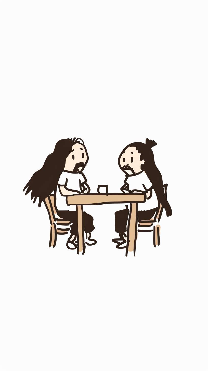 A simple cartoon of two people on the table, one man is speaking with long hair and the other man has an exasperated expression, white background, simple lines, minimalist style, stick figures. The cartoon is drawn in the style of a minimalist artist.