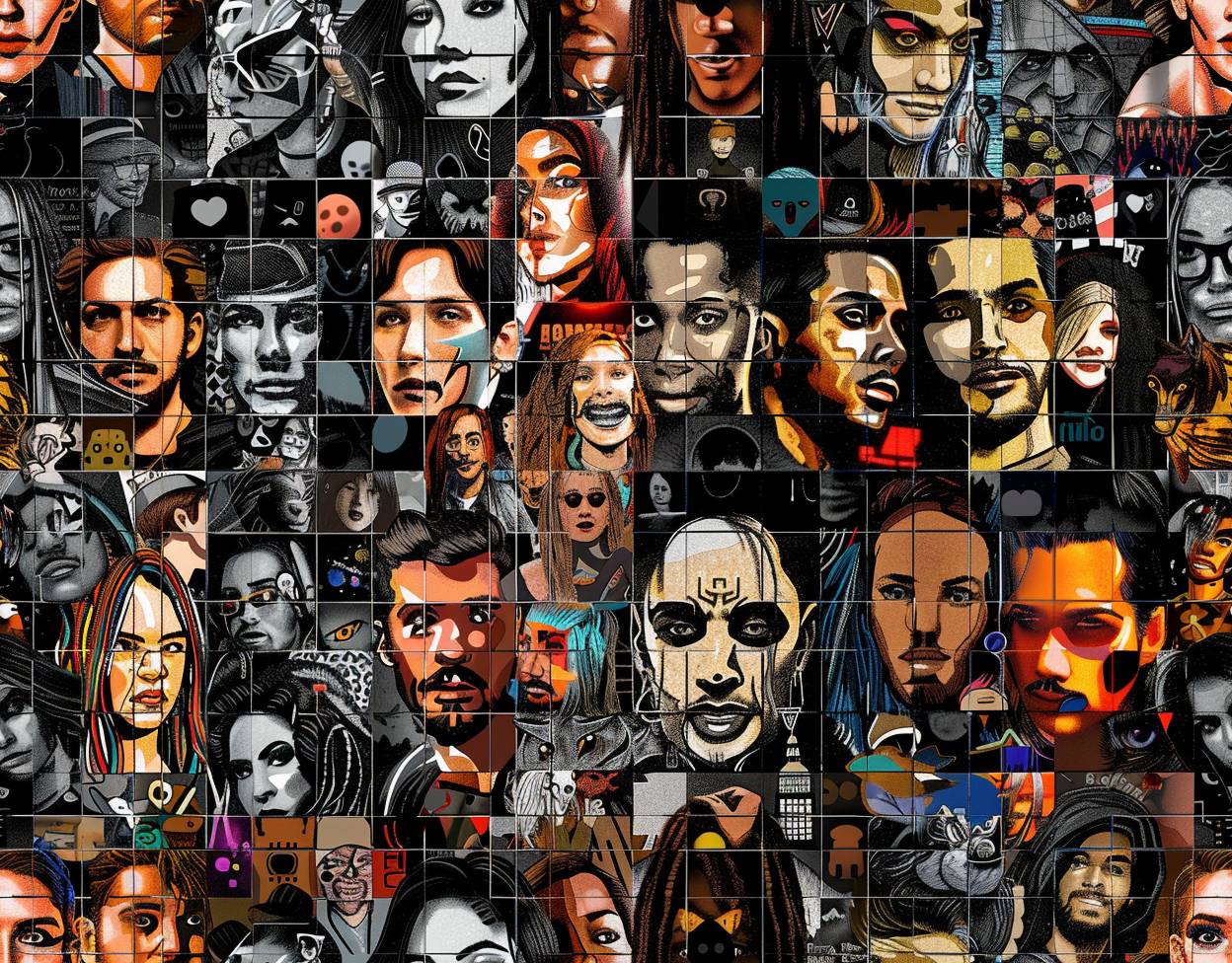 Create a collage of YouTuber icons in a 64 by 50 grid filling the canvas. Flat and two-dimensional, the people should look young and handsome/beautiful. Sprinkle in some animals. Vector art. Take the image, then drop the saturation down so that the image is almost entirely black but with the details still visible like an engraving. Posterize black and silver.
