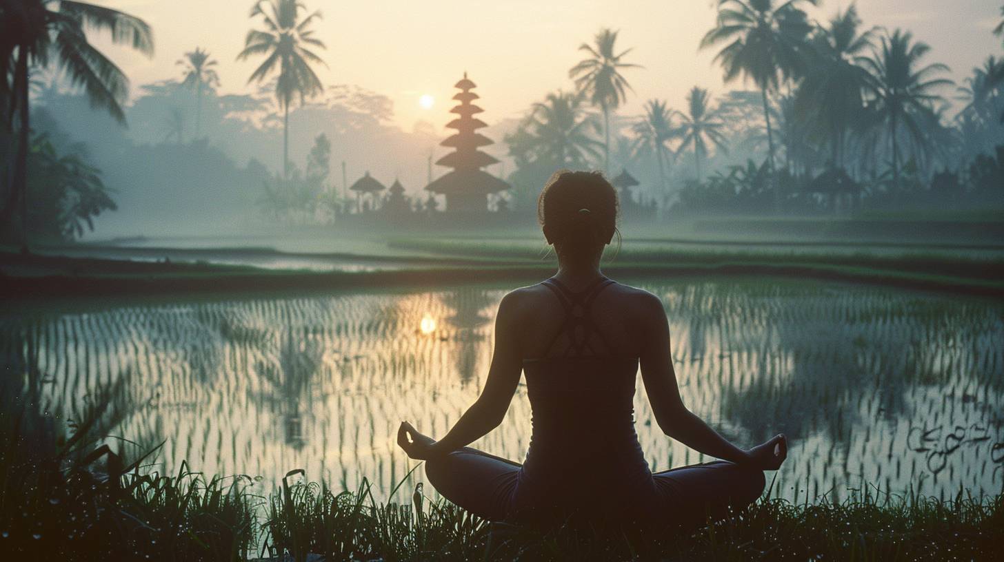 A lone woman is practicing yoga. Serenity and focus. Lotus position. Bali retreat. Dawn in 2000. Rice fields, palm trees, a distant temple. Wide shot, full body. Captured with a Canon EOS 3, Kodak Ektar 100 film. First light of the day, dew on the grass, vibrant colors.