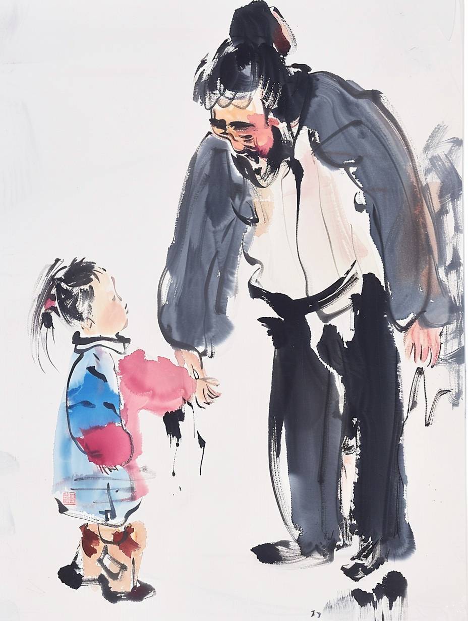 Chinese painting in the style of Wu Guanzhong, ink artistic conception, Dad holding his little daughter's hand, close-up ,white background, colorful, simple composition, Chinese brush strokes, large areas left blank, rice paper texture --no logo,watermark,autograph --ar 3:4 --style raw --stylize 1  --v 6.0.