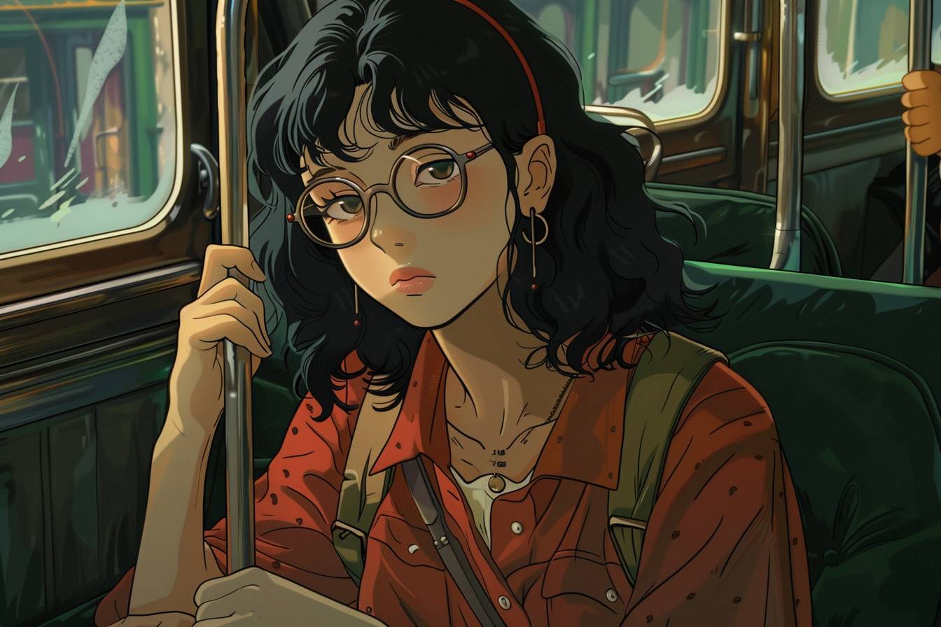 眼鏡をかけた黒い髪のふさふさした若い女性が、杖を持ち、電車の椅子に座っています。ジブリスタイル