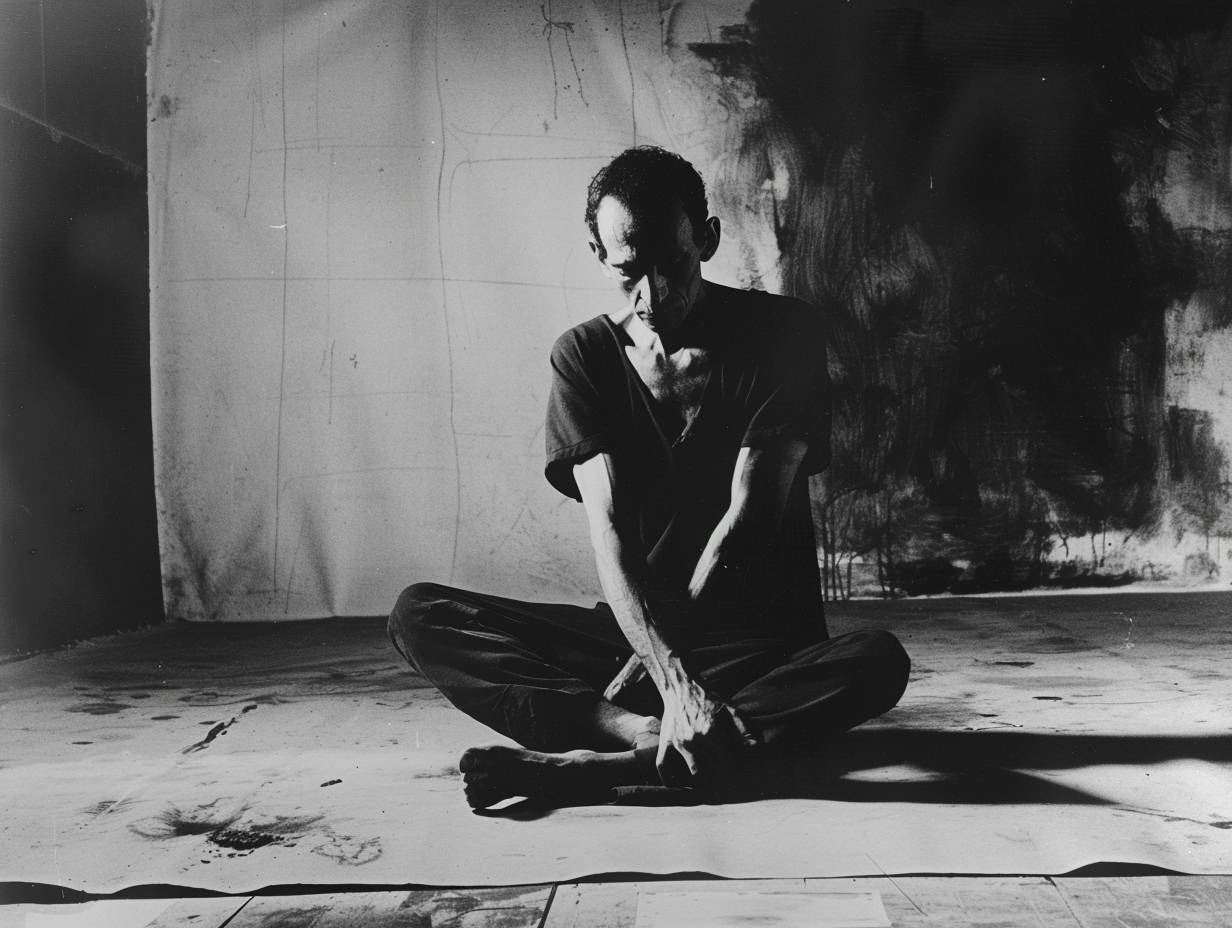 A black and white photo of a man sitting on the floor, studio portraiture, John Lurie, George Stefanescu, portrait, performance