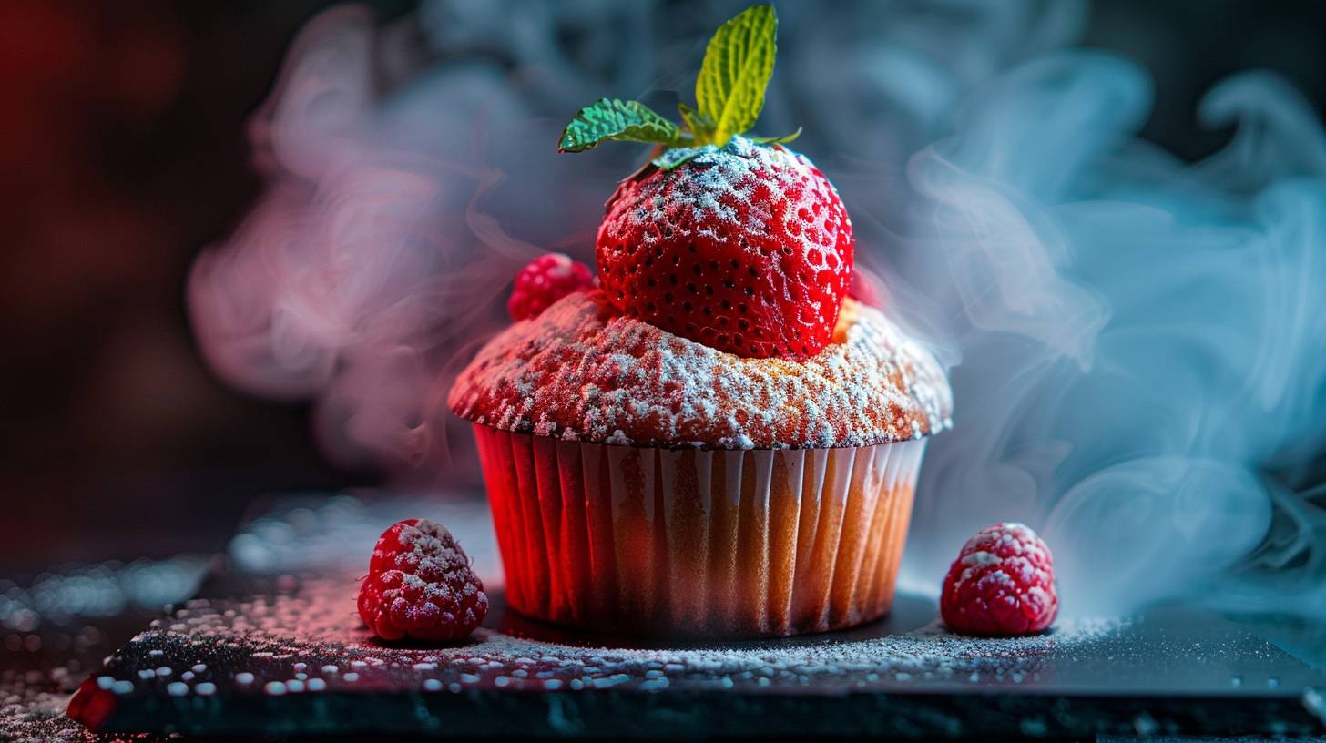[A strawberry muffin], vibrant colors and swirling mist, in a luxury restaurant, dramatic lighting, high details, Canon EOS R5