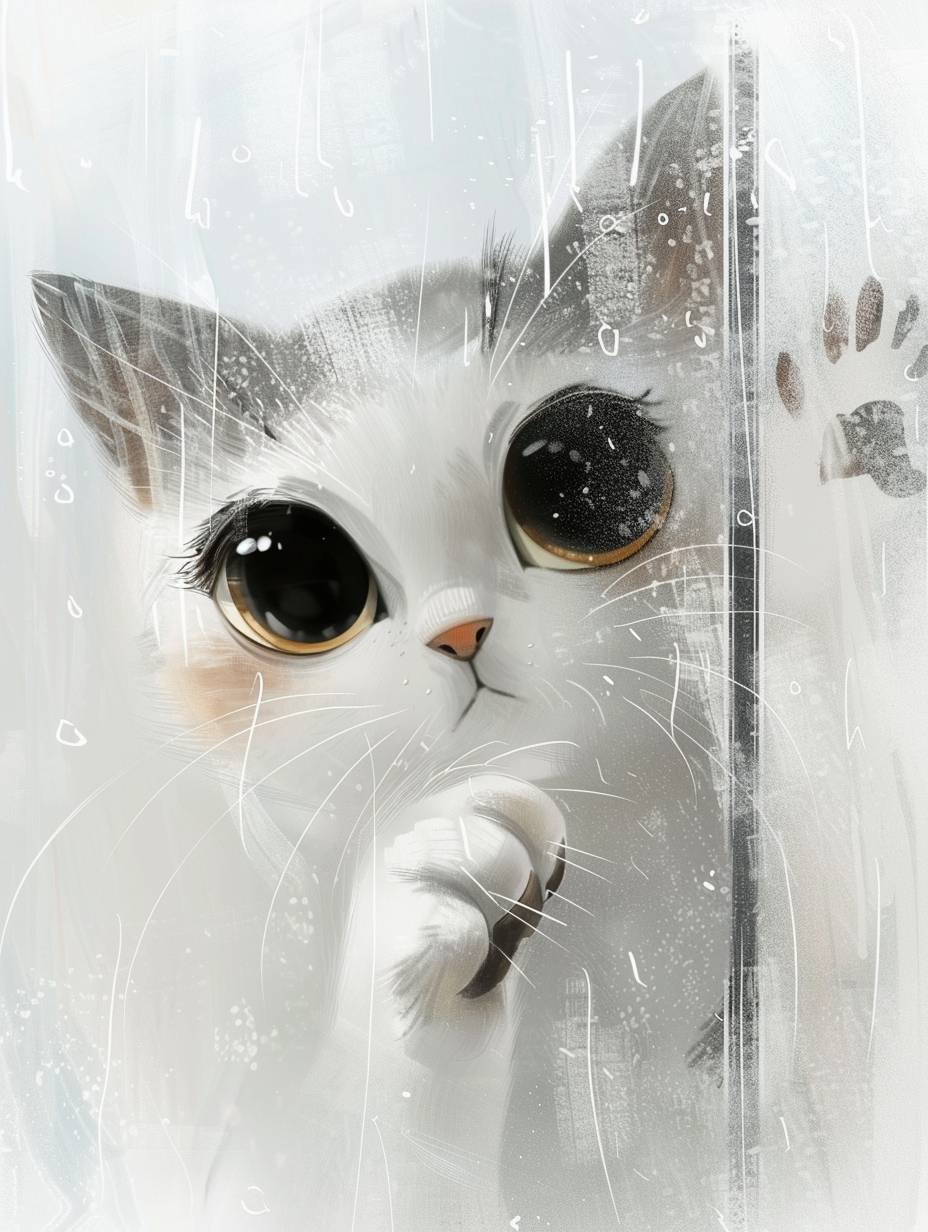 霜ガラス越しに、朦朧としたテクスチャを持つかわいい猫の顔が、ガラスに一本の足を載せています。シンプルな背景とカートゥーンスタイル。白とグレーを基調とし、ミニマリストデザインを採用。