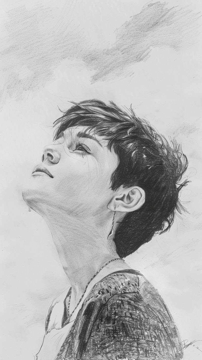 Woman with short hair looking up at the sky, half-body, pencil sketch